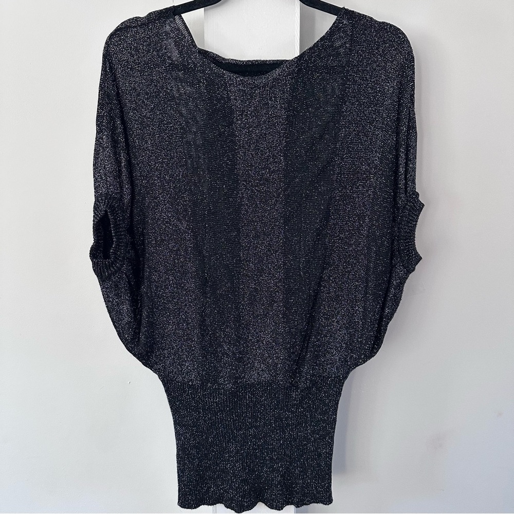 Dressy Black top with silver metallic thread, lightweight & stretchy. large/ XL